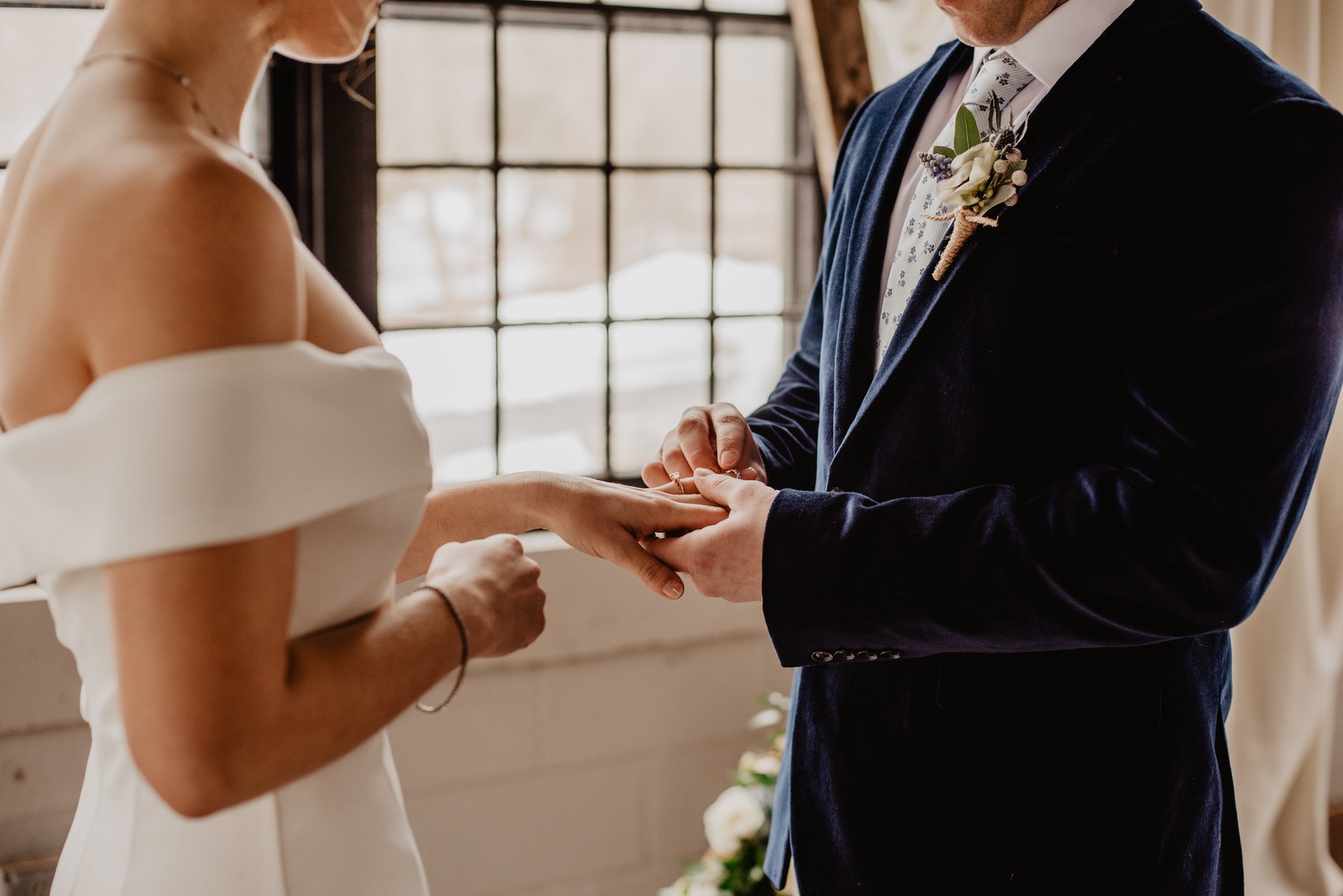 Putting the wedding ring on finger