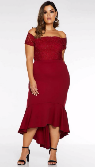 Quiz - Curve Berry Lace Bardot Fishtail Midi Dress