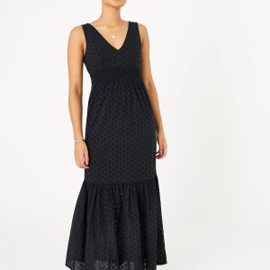 Accessorize Ladies Black Embellished Cotton Broderie Maxi Dress