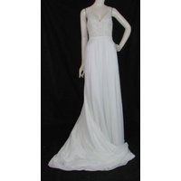 Bnwot Unbranded, Size 12, White, A-line, Spaghetti Pearl Strap, Lace Bodice & Chiffon Wedding Dress