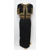 Laurence Kazar Beaded Full Length Silk Dress Black/gold Size: M