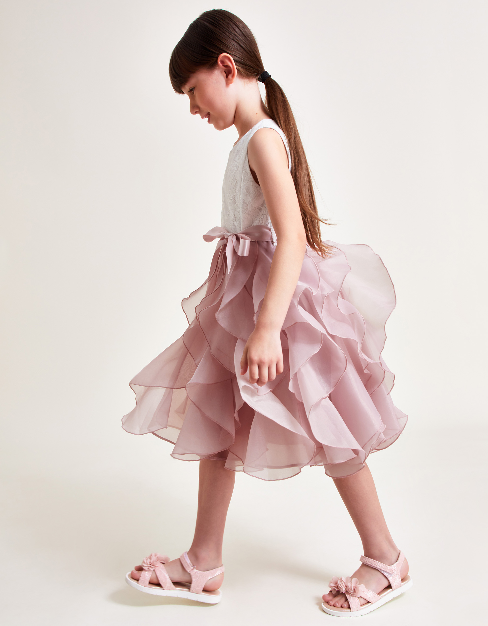 Monsoon Girls Pink & Cream Floral Lace Cancan Ruffle Dress, Size: 5 Years