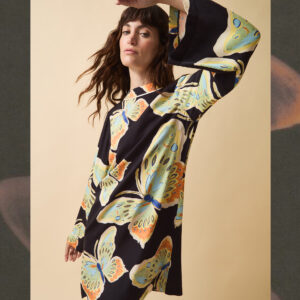 Clemence Women's Black & Green Butterfly Motif Aurelie Mini Tunic Dress, Size: S