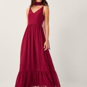 Monsoon Women's Dark Red Elegant Clare Cutwork Maxi Dress & Scarf, Size: 12
