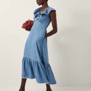 Monsoon Women's Blue & White Ruffled Dottie Sleeveless Midi Dress, Size: XXL