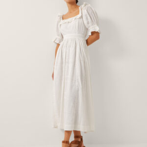 Monsoon Women's White Cotton Floral Embroidered The India Edit Matilda Puff Sleeve Midi Dress, Size: 20