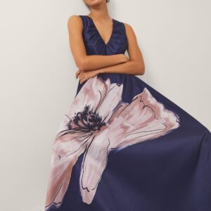 Monsoon Women's Navy Blue & Pink Floral Print Sylvia V-Neck Midi Dress, Size: 18