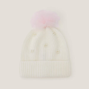 Tulle Pom-Pom Beanie Hat Ivory