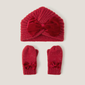 Baby Bow Knitted Hat & Mittens Set Red