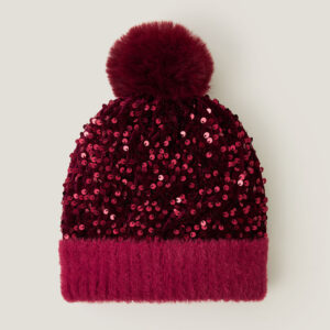 Sequin Pom-Pom Beanie Hat Red