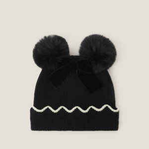 Scallop Bow Pom-Pom Beanie Hat Black