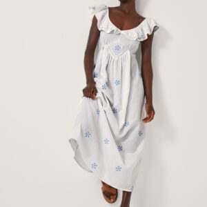 Daisy Frill Embroidered Midi Dress White