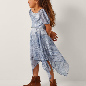 Monsoon Girls Blue & Black Paisley Print Paris Hanky Hem Dress, Size: 5 Years