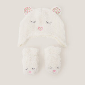 Baby Faux Shearling Bear Hat & Mitten Set Ivory