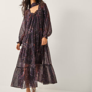 Monsoon Women's Purple & Brown Paisley Print Marianna Tiered Midi Dress, Size: M
