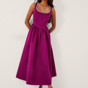 Monsoon Women's Dark Pink Embellished Saira Sleeveless Satin Midi Dress, Size: 8