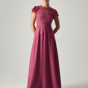 Monsoon Women's Dark Pink Floral Lace Monike Short Sleeve Bridesmaid Dress, Size: 6