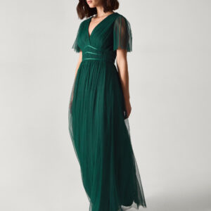 Monsoon Women's Dark Green Emily Short Sleeve Tulle Bridesmaid Dress, Size: 24