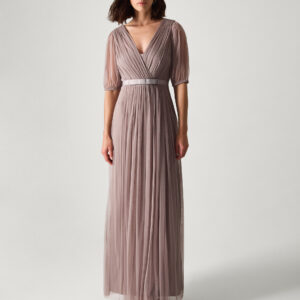 Monsoon Women's Taupe Ellie Sheer Sleeve Plunge Tulle Maxi Dress, Size: 18