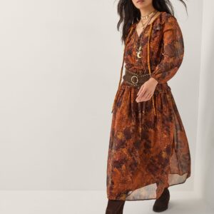 Synthia Snake Print Smocked Midi Dress Yellow