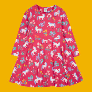 Frugi Girls Dark Pink & Purple Cotton Printed Sofia Skater Dress, Size: 7-8 Years