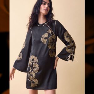 Clemence Black & Gold Alise Floral Embellished Mini Dress, in Size: 8