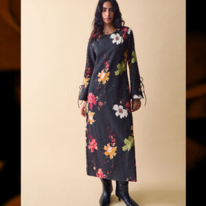Clemence Black & Red Camille Cotton Floral Print Jacquard Midi Dress, Size S - Occasionwear