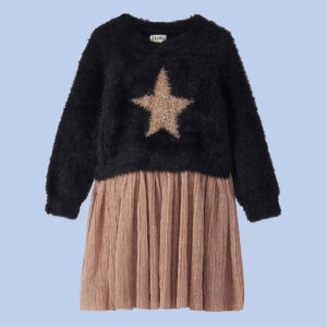 Hatley Girls Gold & Black Star Design Fuzzy Jumper Dress, Size: 7 Years