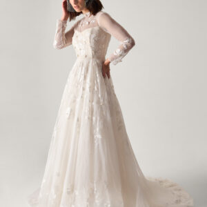 Lorelai Long Sleeve Floral Embellished Mesh Wedding Dress Ivory