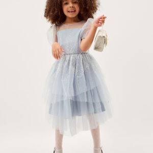 Monsoon Girls Light Blue Sequin Puff Sleeve Tiered Party Dress, Size: 8 Years