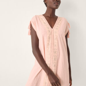 Monsoon Women's Pink & Gold Cotton Embroidered Julie Mini Kaftan Dress, Size: XL
