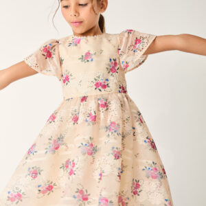 Monsoon Girls Beige & Pink Floral Print Tayla Broderie Short Sleeve Dress, Size: 9 Years