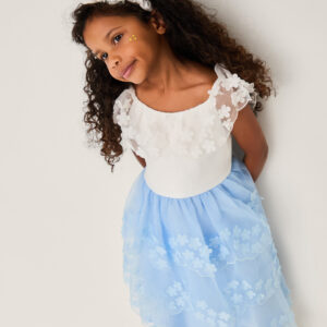 Monsoon Girls Blue & White Appliqué Floral Rebecca Scallop Tiered Party Dress, Size: 7 Years
