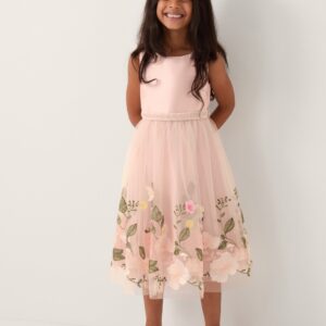 Monsoon Girls Pink & Green Floral Embroidered Olene Tulle Dress, Size: 7 Years