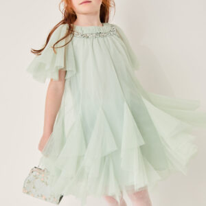 Monsoon Girls Light Green Sparkle Collar Nessa Waterfall Dress, Size: 7 Years