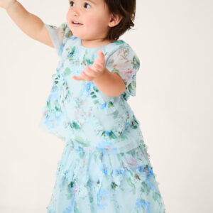 Monsoon Blue & Green Baby Roma Floral Print Ruffle Top & Skirt Set, in Size: 12-18 Months