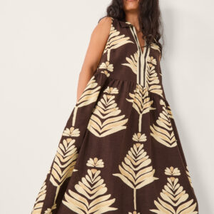 Pamela Linen Blend Leaf Print Midi Dress Brown