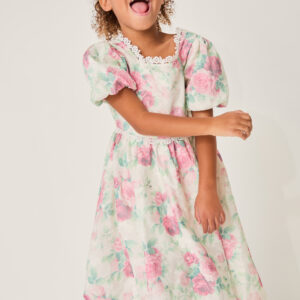 Monsoon Girls Cream & Pink Rose Print Viola Broderie Trim Dress, Size: 3 Years