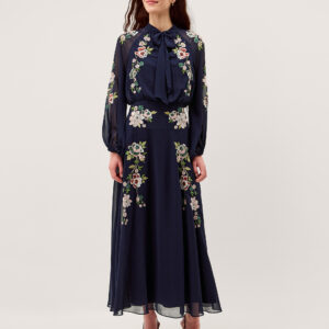 Monsoon Women's Navy Blue & Pink Floral Embroidered Annika Chiffon Midi Dress, Size: 22