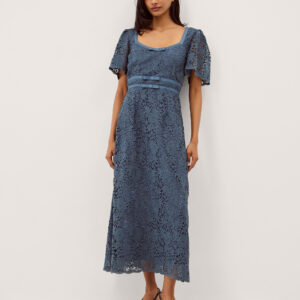 Monsoon Women's Blue Floral Lace Regina Short Sleeve Midi Dress, Size: 8