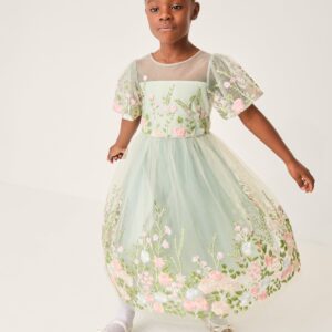 Dalia Floral Embroidered Party Dress Green