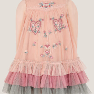 Monsoon Pink & Green Baby Floral Embroidered Tulle Tiered Dress, in Size: 0-3 Months