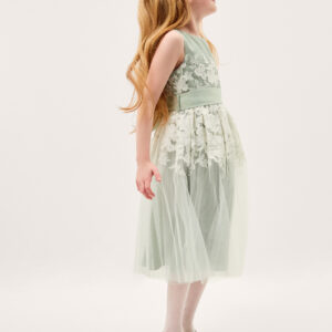 Monsoon Girls Green & White Floral Embroidered Felicity Mesh Party Dress, Size: 3 Years
