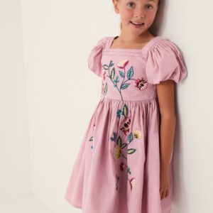 Monsoon Girls Purple & Blue Cotton Floral Embroidered Puff Sleeve Dress, Size: 12-13 Years