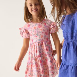 Monsoon Girls Cream & Pink Cotton Floral Jacquard Ruffle Dress, Size: 11-12 Years