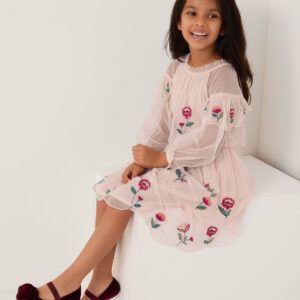 Floral Embroidered Scallop Tiered Dress Cream
