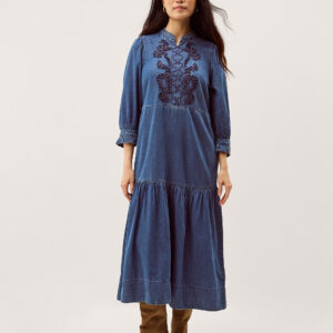 Melissa Embroidered Denim Midi Dress Blue
