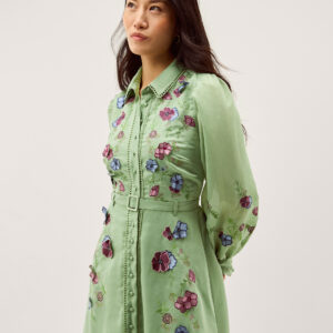 Monsoon Women's Green & Pink Floral Embroidered Orla Midi Shirt Dress, Size: 8