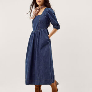Lily Square Neck Denim Midi Dress Blue