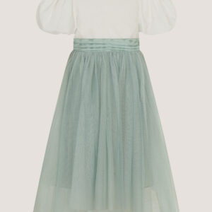 Puff Sleeve Satin Tulle Dress Green